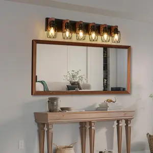 38" Industrial Vintage 6-Light Wall Sconce - Black Cage Wall Lighting Fixture with Wooden Accents for Bathroom, Hallway, or Living Room (Bulb Not Included)