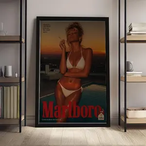 Top Rated Vintage Marlboro Sunset Pool Bikini Woman Framed Canvas Print, Retro Classic Cigarette Advertising Aesthetic Wall Poster, Vintage Bar Decor Gift For Retro Ad Collectors, Stylish Wall Art For Man Cave Lounge Bedroom Apartment
