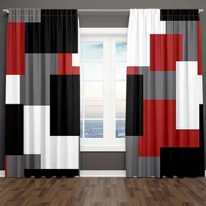 Modern Geometric Checkered Curtains Set, Blocks Design, Living Room Bedroom Decor, Window Curtain, Half-Transparent Polyester Fabric