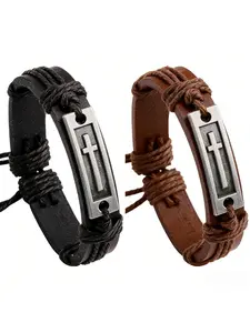 Cross Charm Braided PU Leather Bracelet, Vintage Religious Rugged Jewelry with Antique Silver Cross Pendant, Adjustable Waxed Cord Closure (Black & Brown Options) for Men's Daily Wear, Religious Occasions & Casual Use