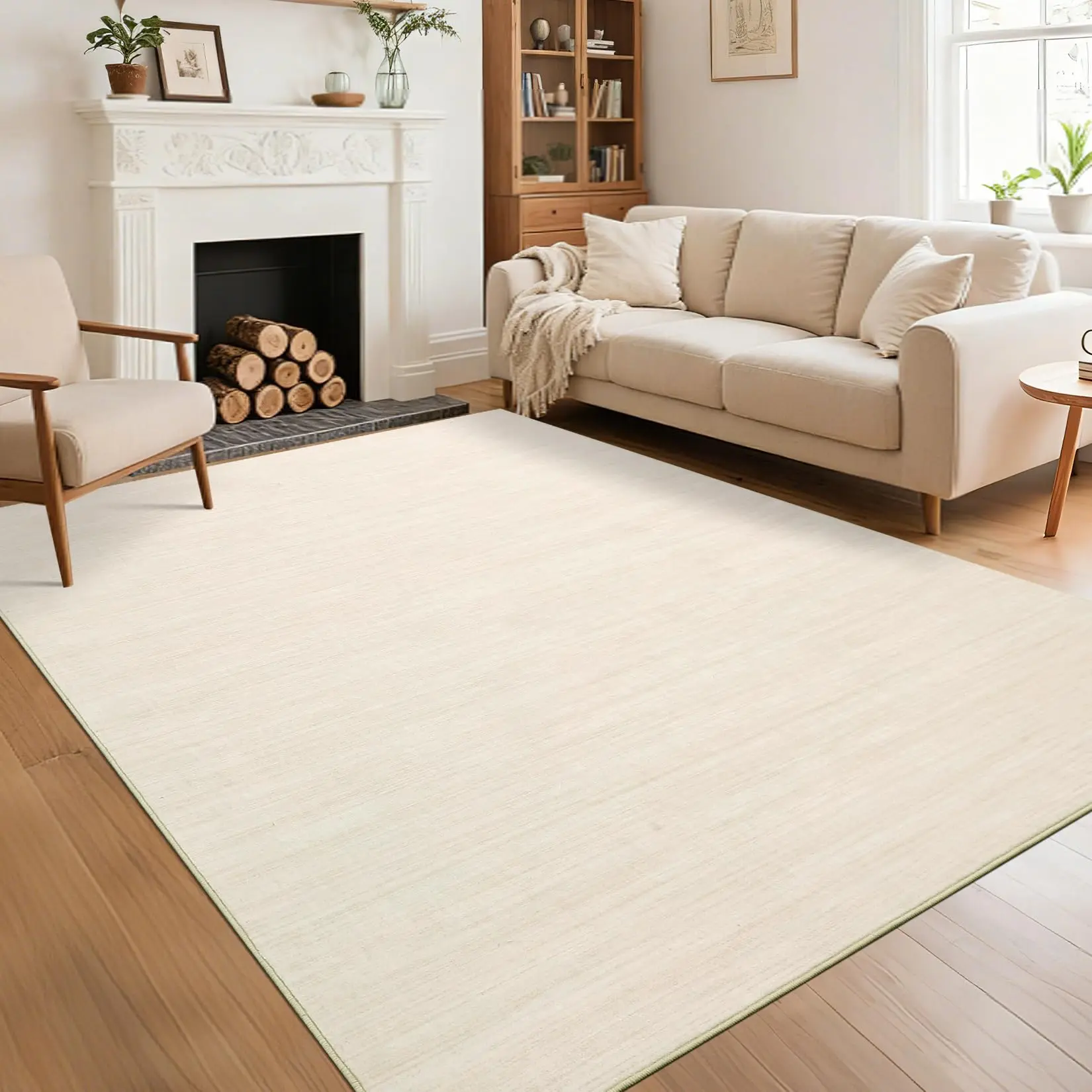 5x7 Throw Rugs with Rubber Backing Washable Area Rug for Bedroom Non Shedding Stain Resistant Solid Print Throw Rug Low Pile Ultra Soft Foldable Minimalist Floor Covering for Living Room, Beige