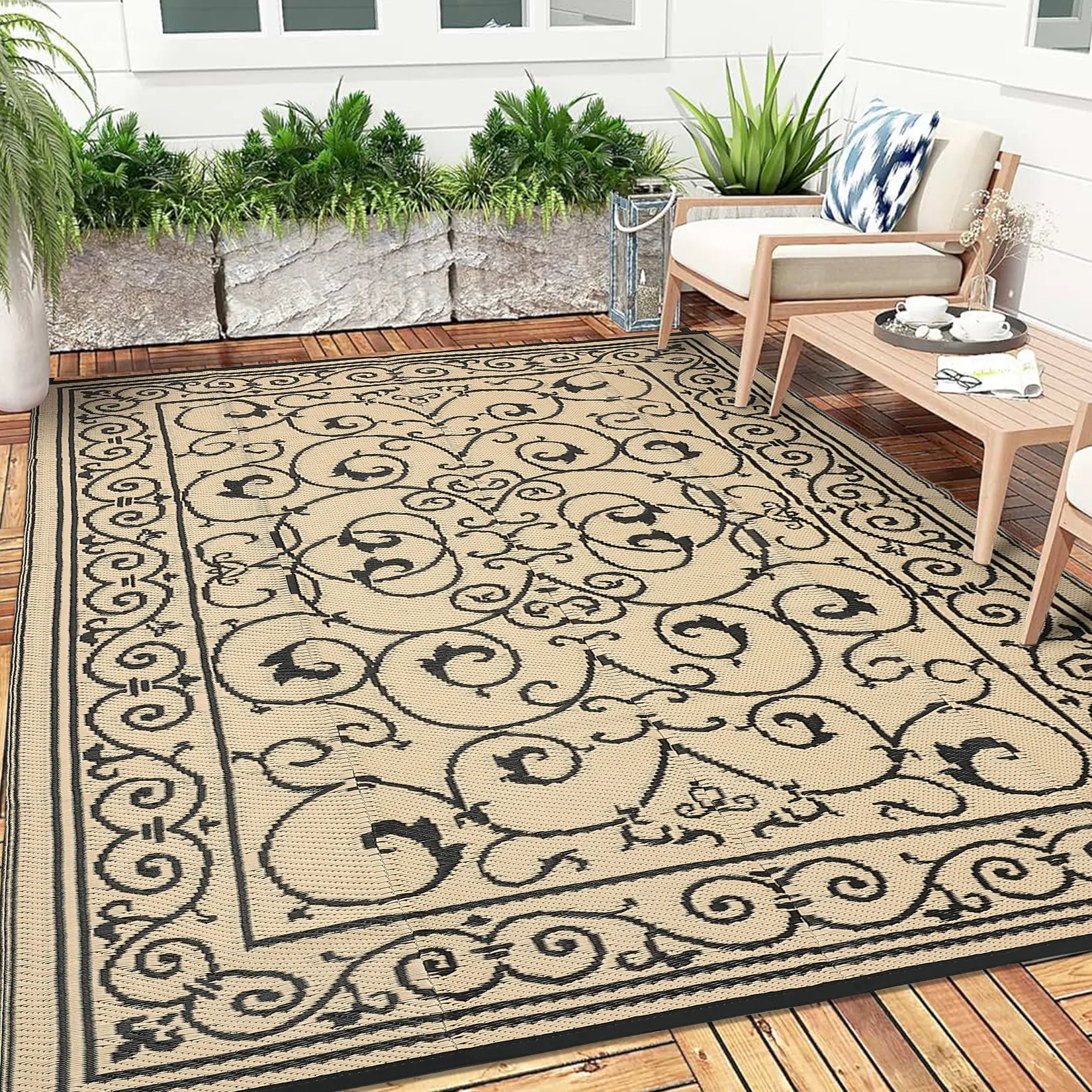 Reversible Patio Rugs, Outdoor Waterproof Multi-Size Recyclable PP Plastic Grass Rug, Foldable Modern Geometric Decor for Patios, RVs, Beaches