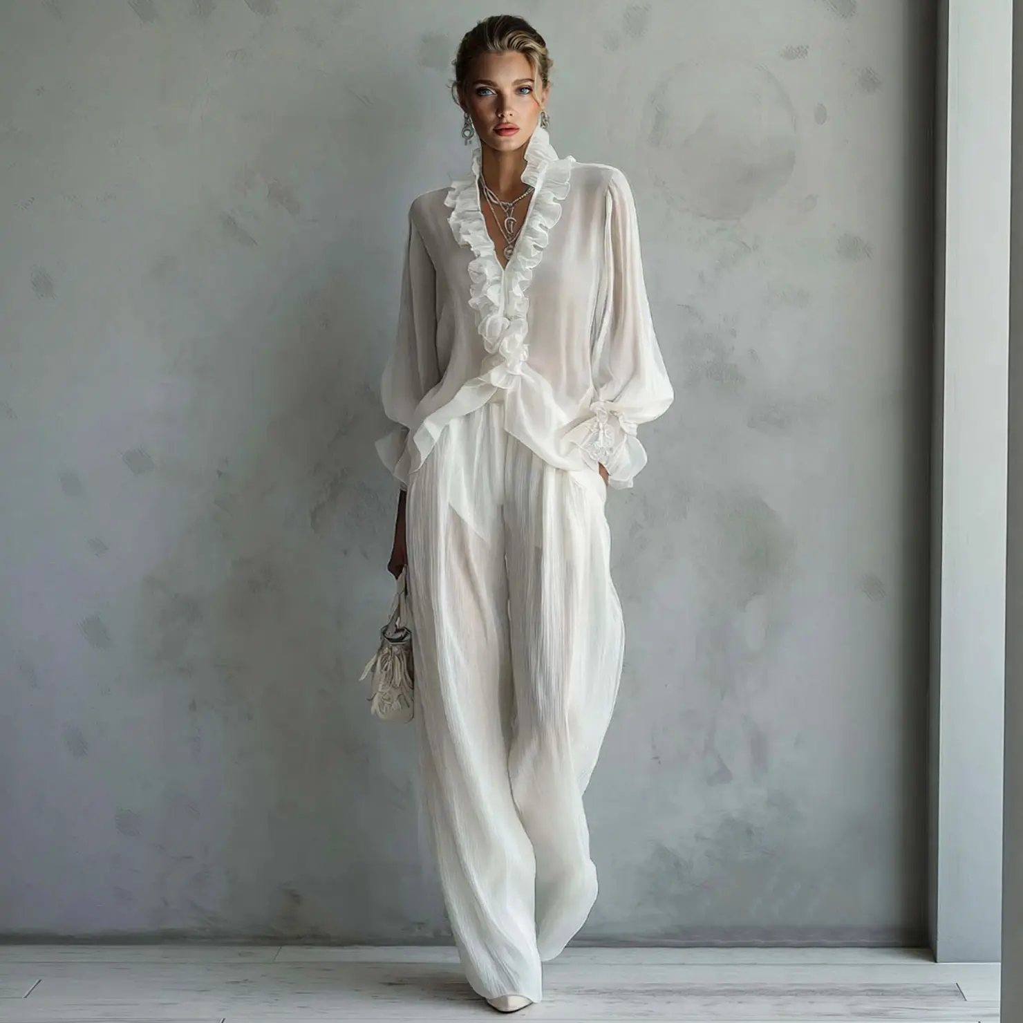 LikeMyChoice 2026 Exquisite Satin Ruffle Two Piece Set V Neck Puff Sleeve Blouse High Waist Sheer Wide Leg Pants Vacation Outfit