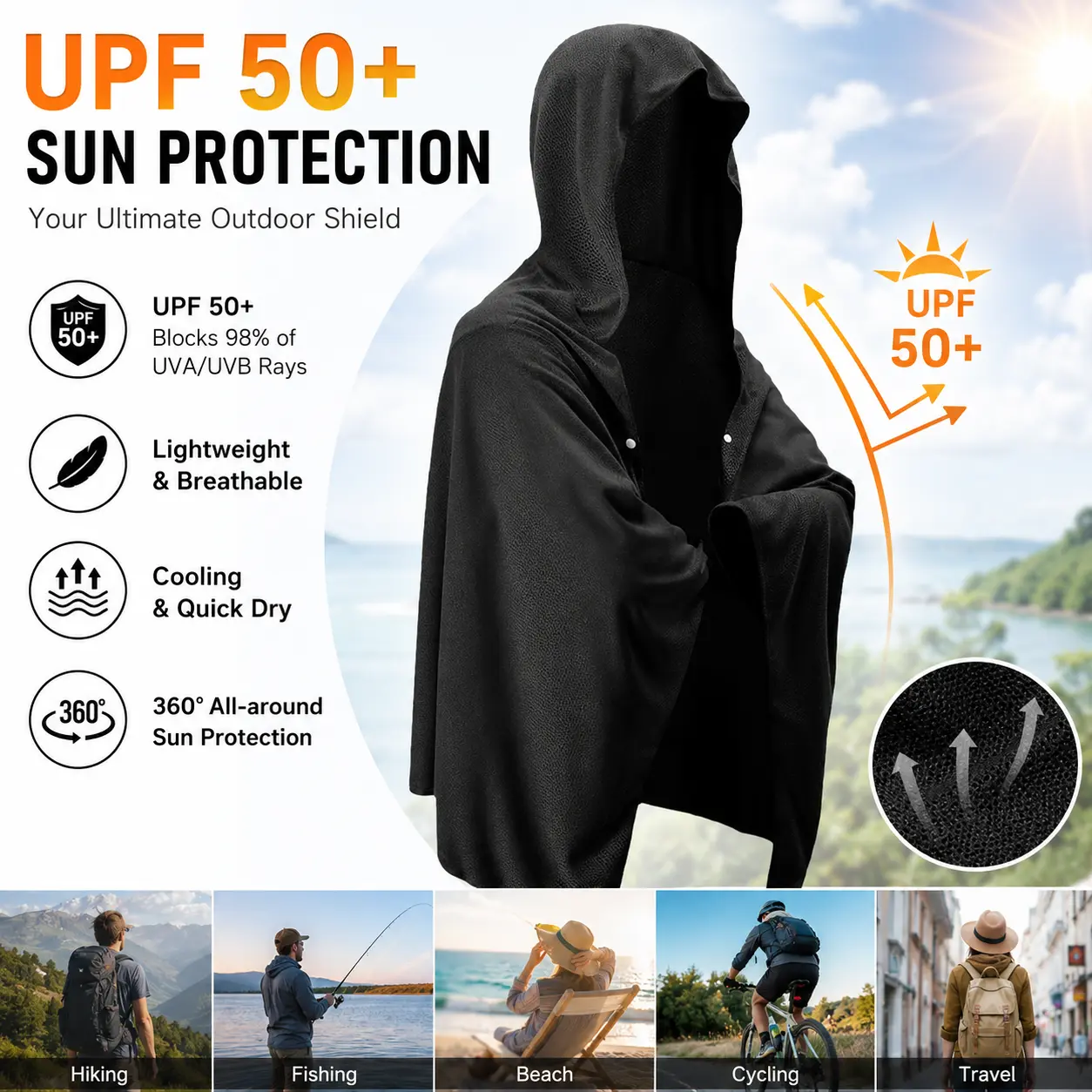 Women's Hooded Cooling Quick-Dry Beach Poncho Shawl - UPF 50+ UV Sun Protection, Face Cover, Instant Cooling Towel for Adults - Beach, Outdoor Use