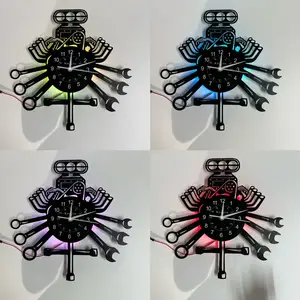 1 PC Vinyl Record Wall Clock, Mechanic Theme with Tools, Wrenches & Screwdrivers Design, Silent Wall Clock,  7-Color LED Lights, Battery Operated (AA Battery Not Included), Home Decor for Living Room, Bedroom,Birthday gifts, Ramadan, Valentine