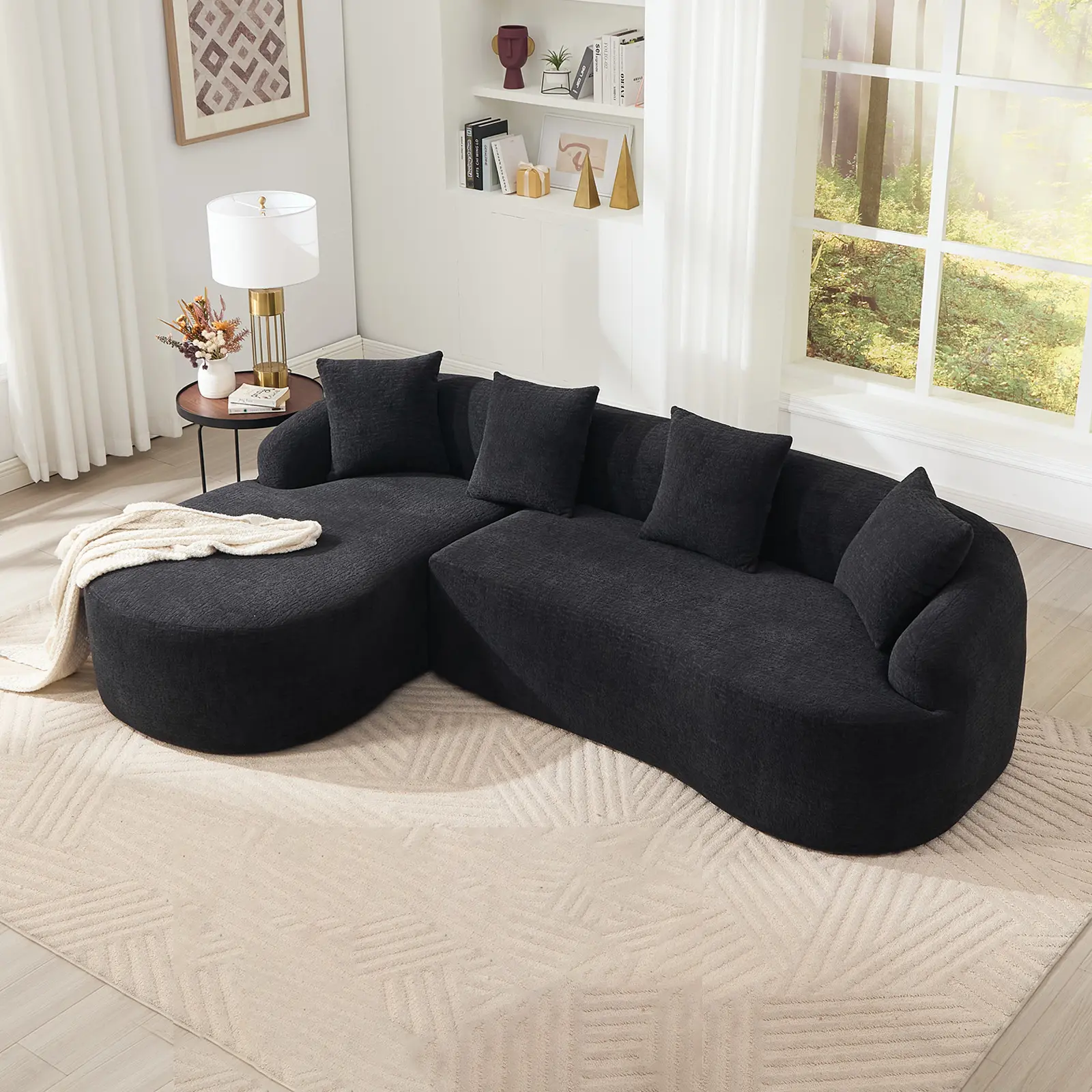 【Sub 2 packages】Niccae Compression L-Shape Sectional Sofa with Curved Chaise,Black Modular Chenille Boneless n Couch,30D High-Density Foam,Minimalist Modular Couches Sleeper for Living Room Bedroom Apartment Lounge.