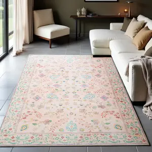 Pink Washable Faux Wool Throw Rugs For Living Room, 0.3 In Non Slip Low Pile Vintage Boho Carpet For Ding Room, Home Office, Bedroom, Kids Room, Bedside, 4x6, 5x7, 6x9, 8x10, 9x12 Feet