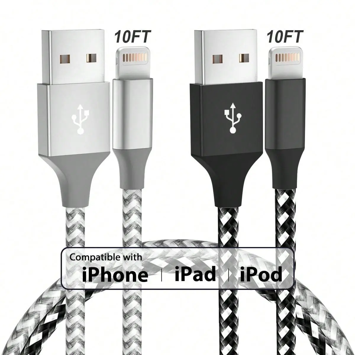 10FT [ Apple MFi Certified] Premium Nylon Braided USB A for Lightning Cable, 2 Counts High-Speed Data Sync Cable Charging Compatible for iPhone 14 13