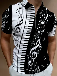 Men's Zipper Polo Shirt with Music Note Print, Summer Trendy Men's Wear, Fashion Piano Keyboard Pattern Top