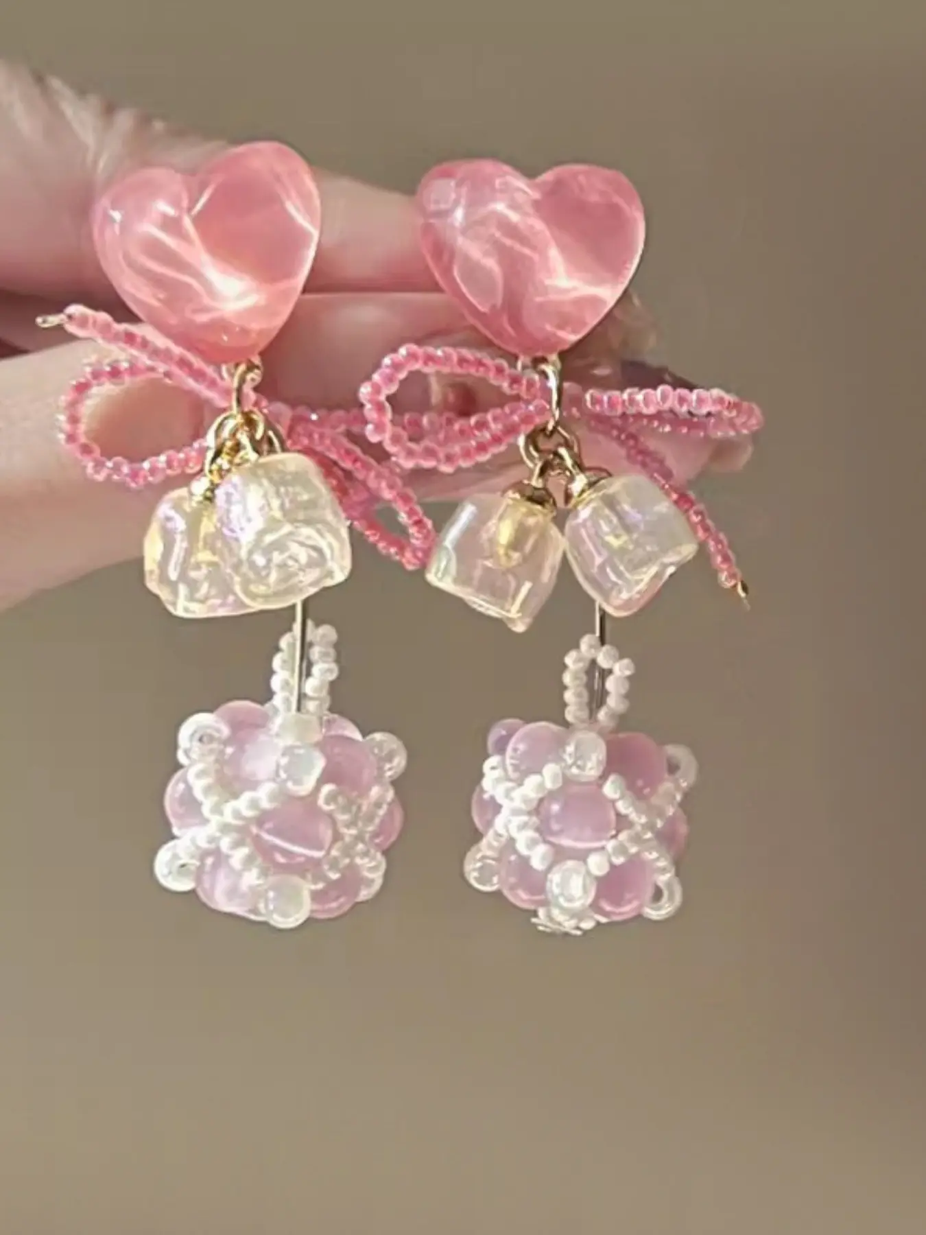「Elegant Heart Cherry Beaded Earrings, Summer Cat Eye Studs, Sweet Style Jewelry, Perfect for All Seasons, Unique Design」