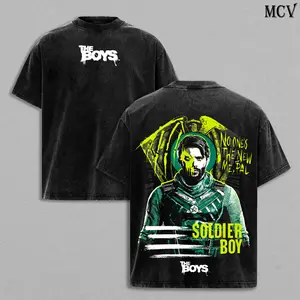 Soldier Boy The Boys Dark Superhero Anti Hero Double Printed Vintage Washed Tee Heavy Cotton Unisex Oversized Retro Streetwear Casual Graphic Top Trendy Apparel for Daily Wear Party Holiday Gift