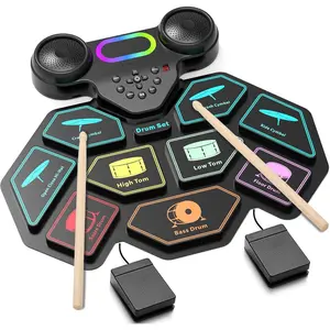Drum Set, 9 Drum Practice Pad Roll-up Drum Pad Electric Drum Pad with Headphone Jack, Built-in Rechargeable  and Double Speakers,  Christmas & Birthday  for
