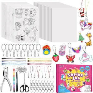 Funtopia Shrinking Art Sheets Kits for Kids, 75 Pre-Cut Shrink Paper Craft Keychain Making Kit, 12 Themes DIY Shrink Art Plastic Sheets with Charms and Keychains Accessories