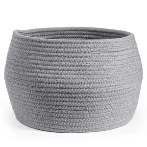 Sowyem Cute Round Basket - Cotton Rope Grey Baskets in Living Room Woven Towel Basket Bedroom Storage Bakset for Children Corner Plant Basket Indoor, Grey, 10" D x 8.3" H