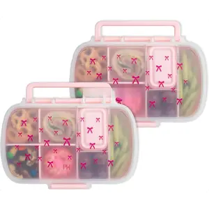 Bento Style Snack Boxes, Compartment Lunch Containers with Built-In Phone Stand, Removable Dividers and Dip Containers, Pink Bow Print