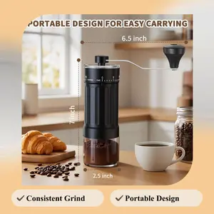 Manual Coffee Grinder, 420 Stainless Steel Grinding Core, CNC Precision Cut, Click Adjustable Grind Settings, Dual Bearing Stable Grinding, Transparent Powder Bin, Ergonomic Handle, Matte Body, External Adjustment, With Brush