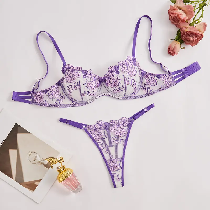 Women's 2-Piece Sheer Floral Lace Lingerie Set - S/M Sizes, V-Neck Hollow Cutout Non-Padded 3/4 Coverage Bra, Bow-Accented Thong, Lightweight High-Stretch Polyester, for Party, New Year Events, Hand-Wash Only