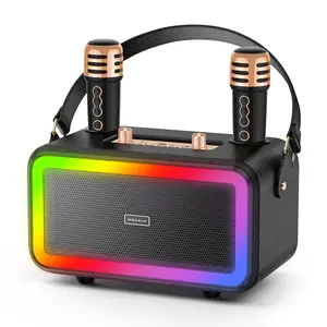 [Limited Time Offer] Wooden Karaoke Machine for Adults Kids with 2 UHF Wireless Microphones, Portable Bluetooth Speaker with LED Lights, Support TF Card/USB, AUX in, TWS for Party and Wedding, Outdoor/Indoor