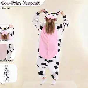 Cow Print Wearable Hooded Blanket Onesie, Cozy Fleece Throw with Pockets, Soft Warm Loungewear for Adults, Perfect for Events & Lounging