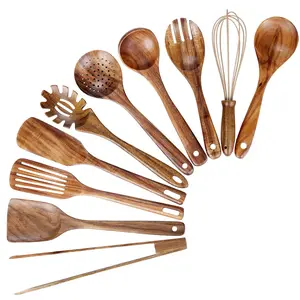 10 PCs Wooden Utensils for Cooking, Wood Utensil Set for Kitchen, Teak Wooden Spoon for Cooking, Non-Stick Spatula Ladle Hanging Nonstick