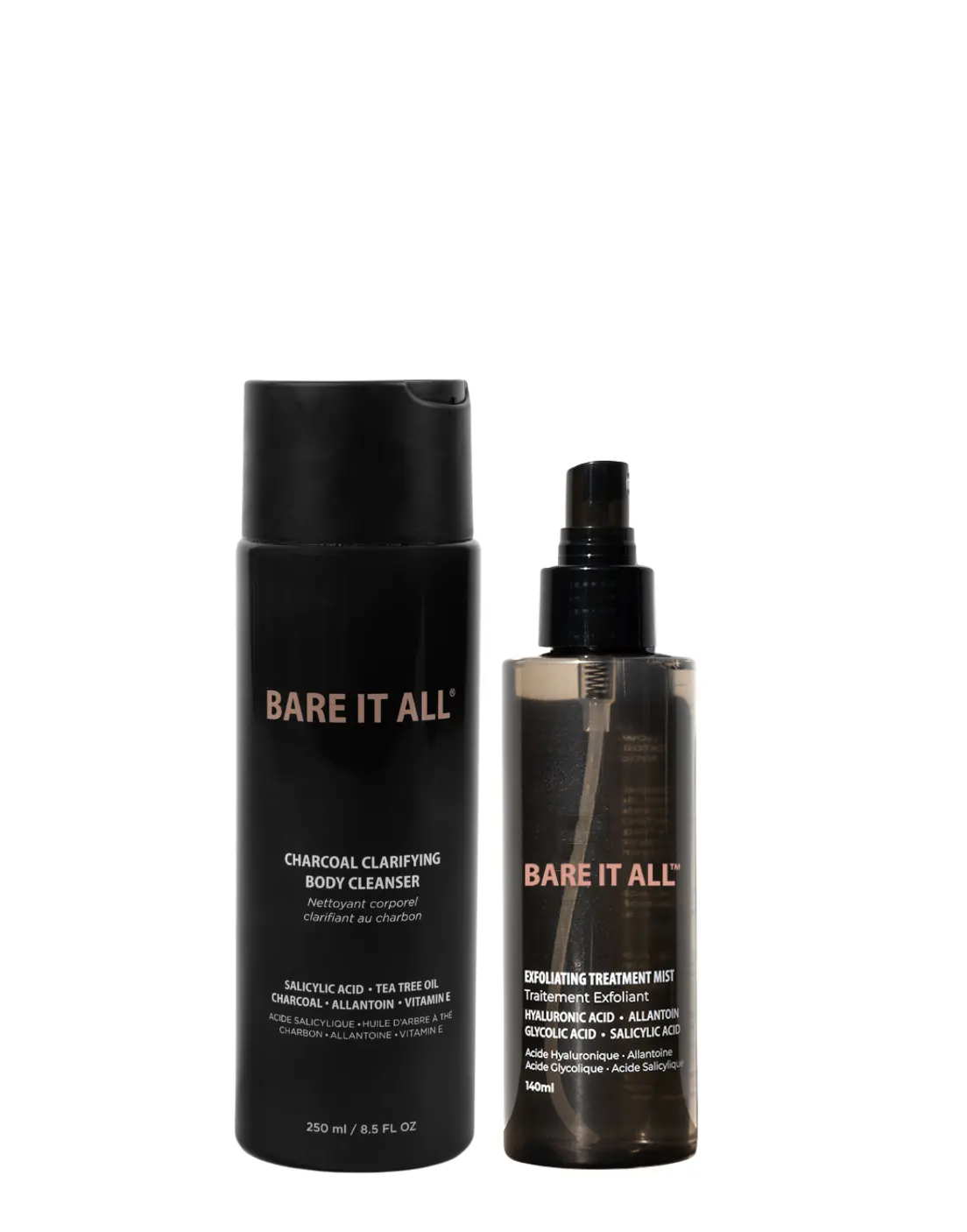 BARE IT ALL Blemish Fighter Kit - 2-Step Body Acne & Exfoliating Duo - Charcoal Cleanser 250ml & Exfoliating Mist 160ml - Salicylic Acid, Glycolic Acid & Tea Tree - Clears Blemishes, KP & Ingrown Hairs - Vegan - For Women