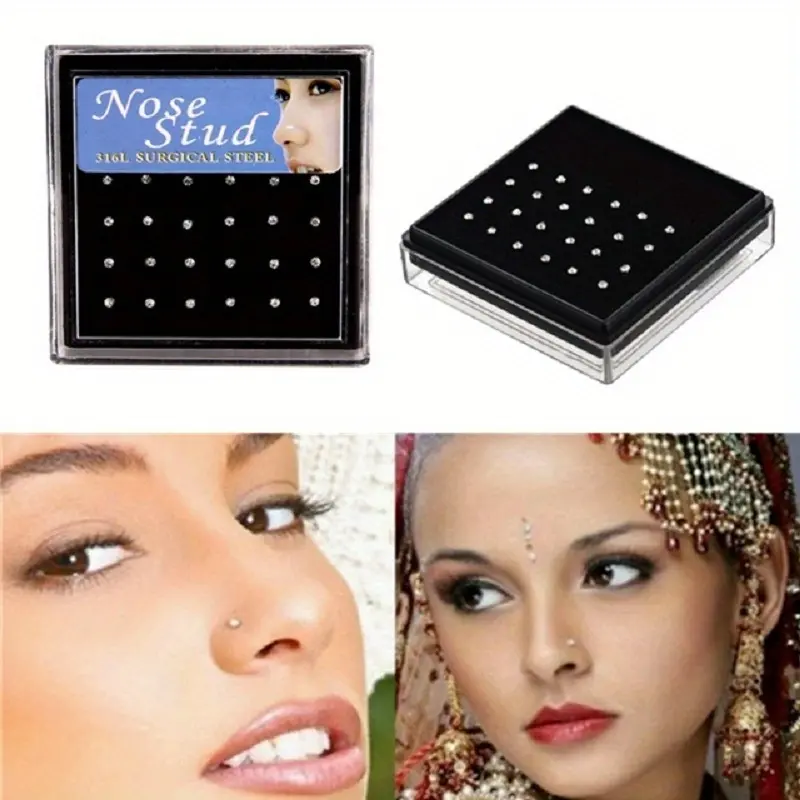 24Pcs Minimalist Silvery Stainless Steel Nose Ring Set Exquisite Shiny Rhinestone Screw Nose Nail, Stainless Steel Piercing Nose Set, Body Jewelry Set With Box