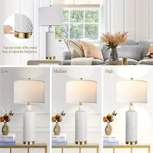 2024 Touch Control Table Lamp Set Of 2, Modern Contemporary Ceramic Bedside Lamps With 2 USB Ports, 3-Way Dimmable Nightstand Lamp With White Fabric Shade For Living Room, Bedroom (LED Bulbs Included)