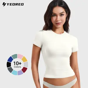 YEOREO Women Fitted Workout Tops Short Sleeve Double Lined Basic Y2K Going Out Crew Neck Compression Crop Top Womenswear basic tee,summerwins