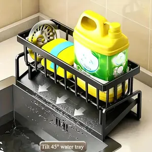 Kitchen Sink Drain Rack, 1 Count Multifunctional Sponge Soap Storage Rack with Drain Tray, Household Kitchen Organizer, Dish Drying Organiser