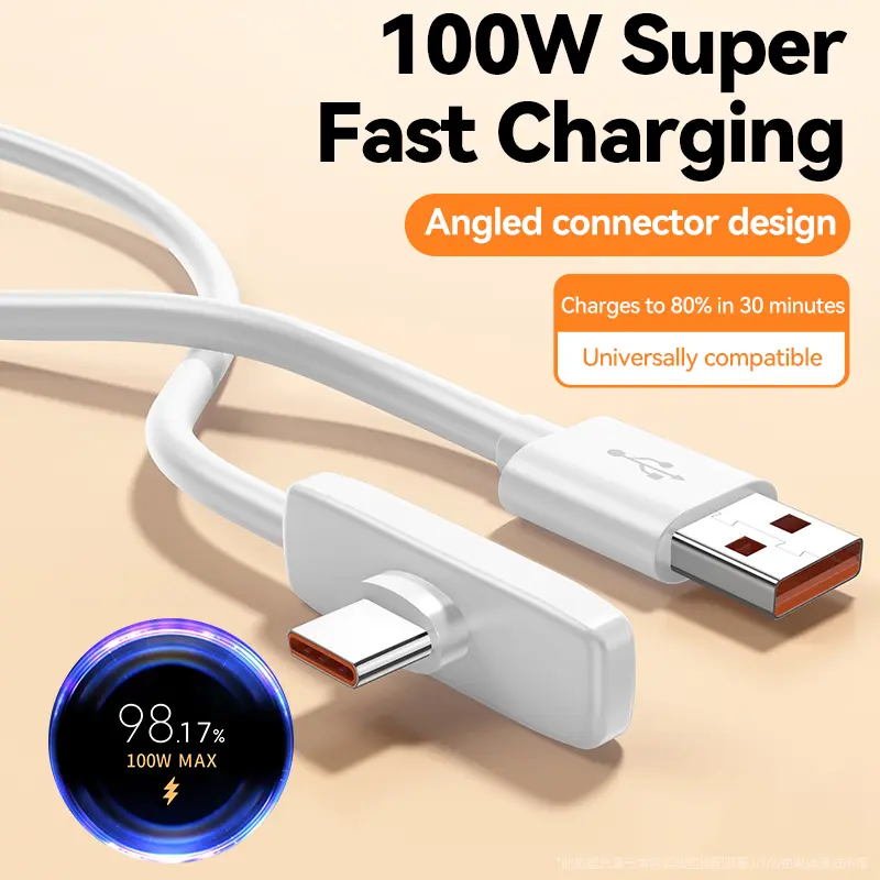 100W 90-Degree Elbow Fast Charging Cable Silicone USB Type-C Phone Charger Fast Charging, Data Transmission Cable for Samsung  for Moto for Google Phone for Oneplus