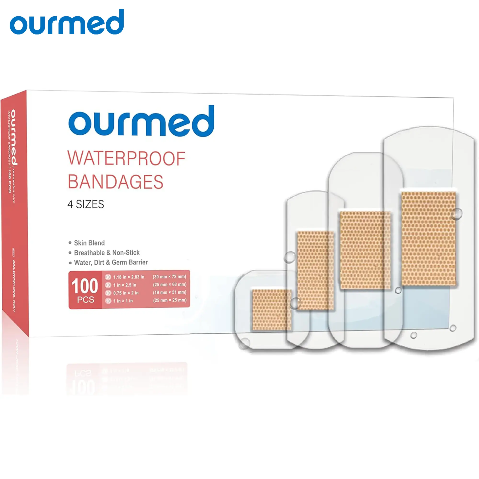 Ourmed Waterproof Adhesive Bandages, Clear First-Aid Wound Care for Assorted Sizes, 100/200 Count Wound Care, Fingers, Knees and Heels, Stays on Skin in The Bath, Shower or Pool