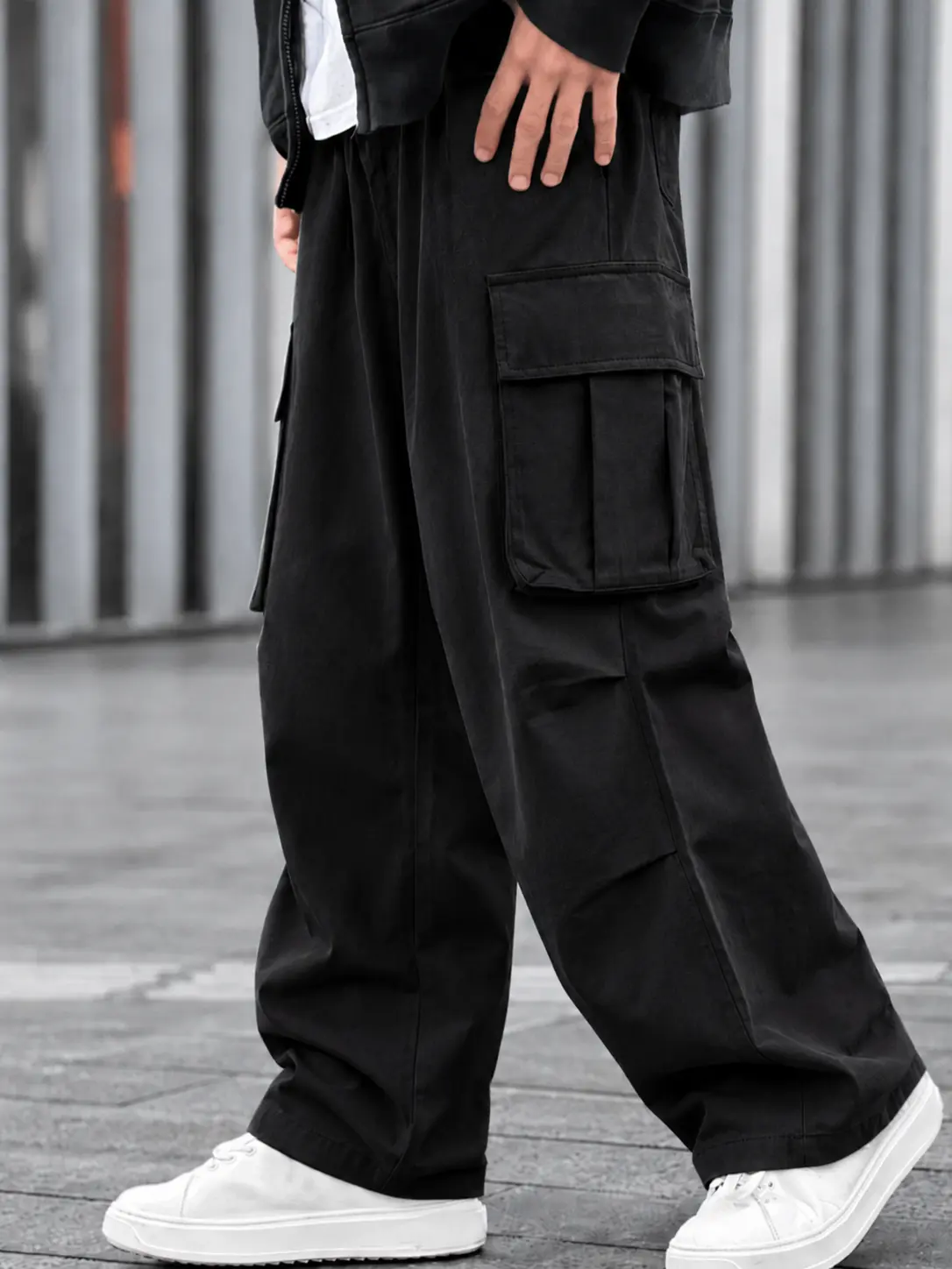 Single piece American-style wide-leg cargo pants with multiple pockets, available in three colors, featuring a drawstring, high waist, drapey loose fit, floor-length functional casual long pants. Unisex design; sold individually as one item.