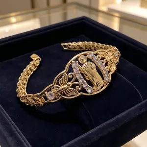 Religious San Judas Tadeo Bracelet 14K Gold Plated CZ Butterfly Cuban Link Bangle Spiritual Saint Jude Charm for Protection Faith