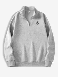 Fly Knight Fashion Simple Print Zipper Stand Collar Sweater, Long Sleeve Casual Street Trendy Sweatshirt for Spring & Fall, Perfect Match for Trendy