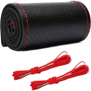 Steering Wheel Cover, Stitch on Wrap, DIY Sewing Steering Wheel Protector, 15 Inch Breathable Non-Slip Steering Wheel Protector,  Accessories (Black&Red, Full Hole)