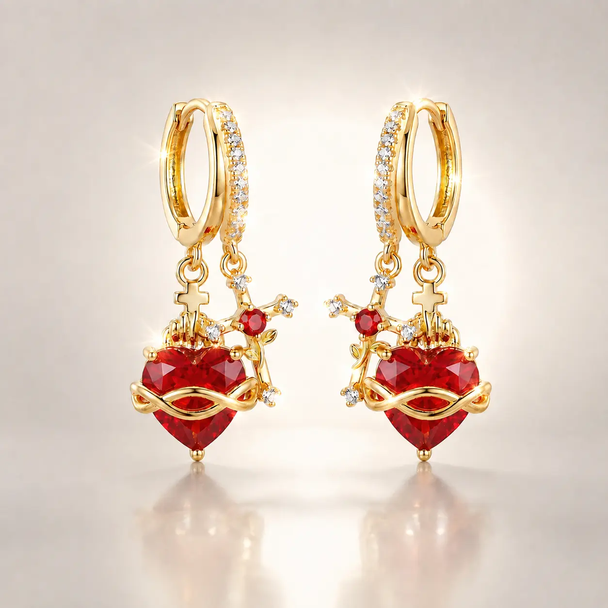 Red Heart Dangle Earrings for Women, 18K Gold Plated Drop Earrings with Cross & Sparkling Zircon Heart Pendant, Elegant Romantic Statement Jewelry, Lightweight Earrings for Daily Wear, Valentine’s Day Gift for Her