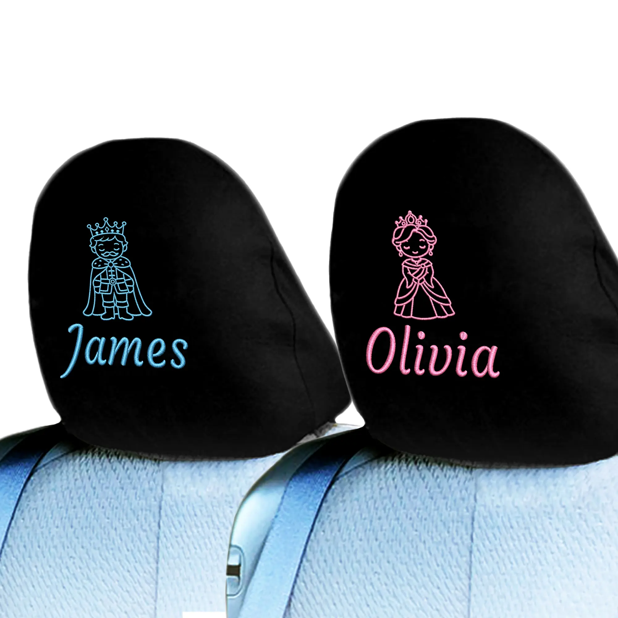 YUPBIZAUTO Personalized King & Queen Car Headrest Covers with Custom Names, Pair of 2