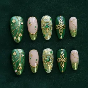 Emerald Green Clover Press On Nails | Celtic Gold Leaf Shamrock Luxury Nail Art Set For Patrick's day