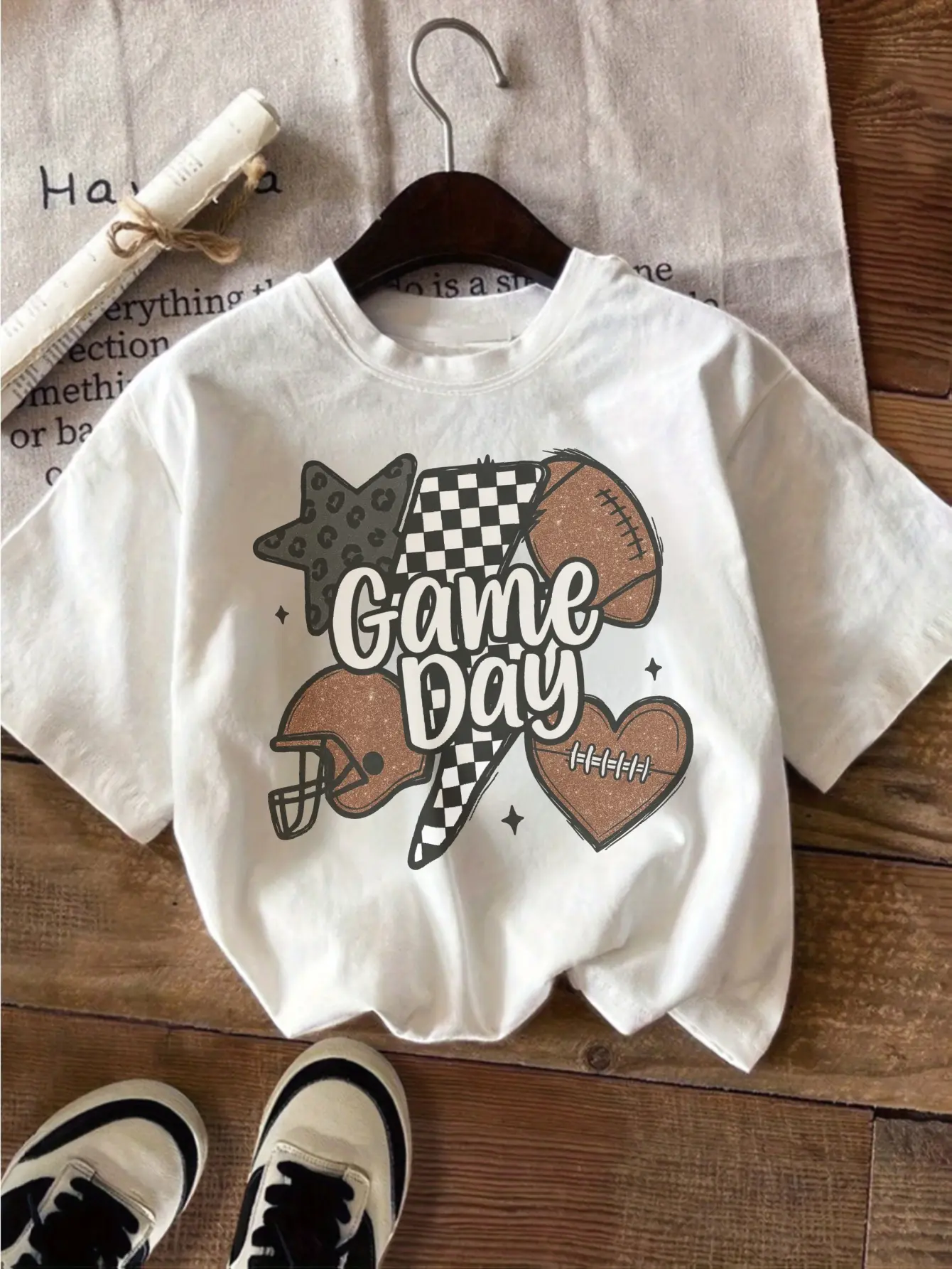 Game Day Kids T-Shirt Checkerboard Lightning Bolt Leopard Star Heart Football Helmet Fall Football Short Sleeve Cotton White Youth Tee