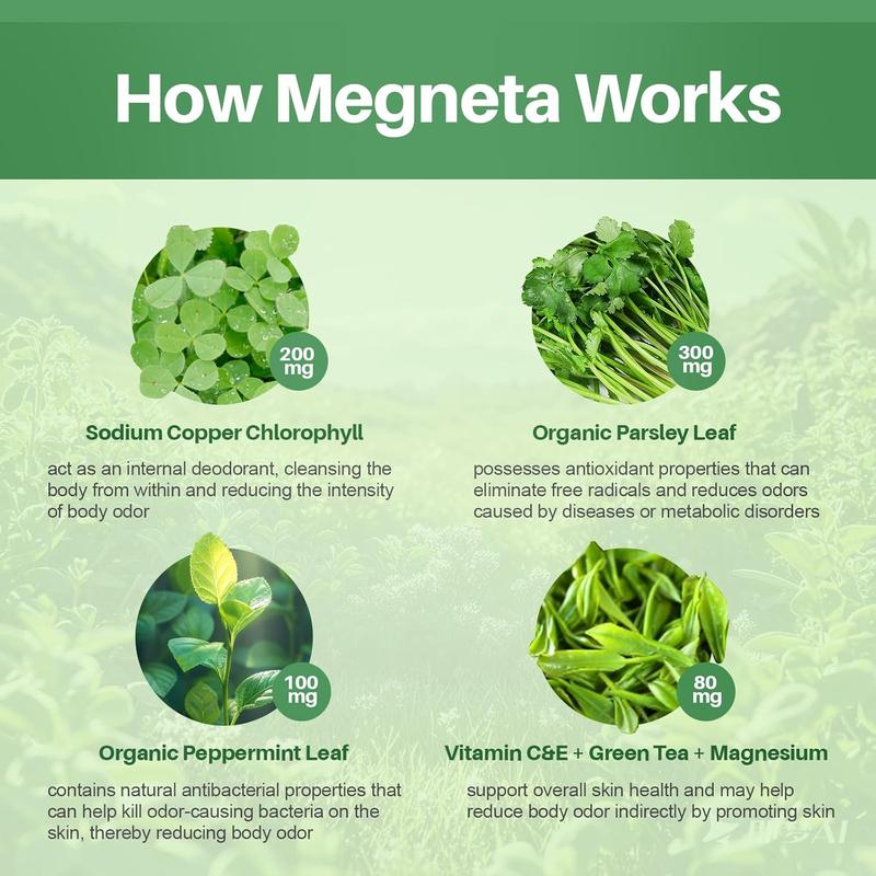 Body Deodorizing Supplement, Natural Internal Odor Control Pills for Men & Women, Chlorophyll Capsules for Skin, Breath, and Gut Health (60 Capsules)