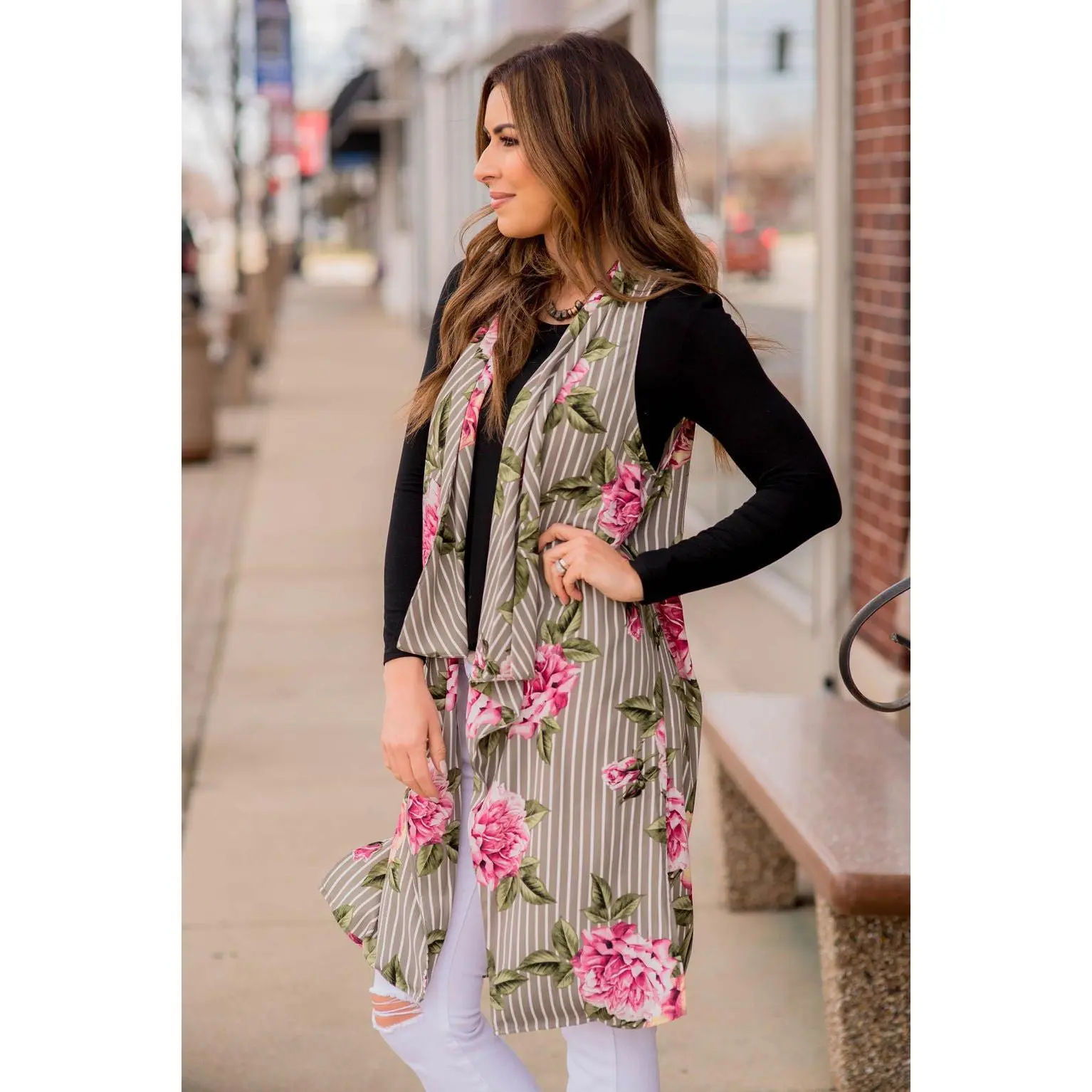 Grey Floral Striped Kimono