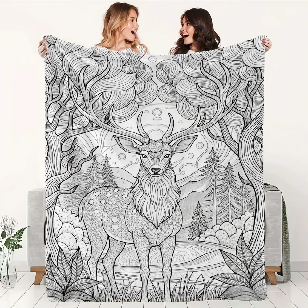 Deer Coloring Book Style Blanket, Soft Flannel Throw Blanket with Black White Woodland Buck Forest Print, Cozy Gift for Kids Boys Girls Teens and Wildlife Lovers, Rustic Cabin Room Decor for Bed Couch Sofa Dorm, Lightweight Blanket for Naptime Movie Night