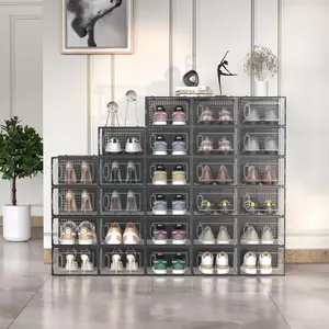 12 Pack Large Shoe Storage Box Organizer for Closet, Versatile Clear Plastic Stackable Sneaker Shoe Rack Containers Bins Holders, Portable Closet Organizers and Storage, Black White