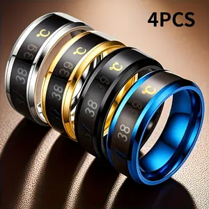 4pcs Thermochromic Smart Rings for Men - 304L Stainless Steel, Color-Changing Temperature Sensor, Modern Minimalist Design with Golden-Tone Accents