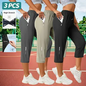 3-Pack Women’s Capri Pants – Loose Fit, Summer Drawstring Waist, Zipper Pockets, Breathable High-Stretch Fabric, Suitable for Everyday Wear