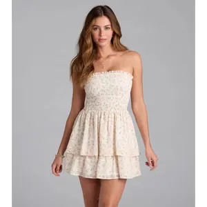 Floral Charm Ruffled Chiffon Tube Skater Dress Floral Charm Ruffled Chiffon Tube Skater Dress