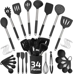 450°F Heat Resistant Silicone Kitchen Utensils Set - 34 Pieces Black Cooking Utensils-Set for Nonstick Cookware - Silicone Spatulas Set, Stainless Steel Handle & Other Kitchen Accessories Culinary Couture