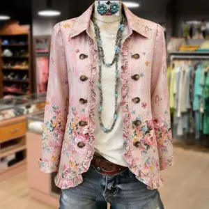 Cherrybetty Vintage Floral Print Ruffle Trim Collared Jacket  Coats Womenswear Outerwear Tops Spring Fashion Outfit Inspo Tiktok Shop Spring Glow up Loungewear