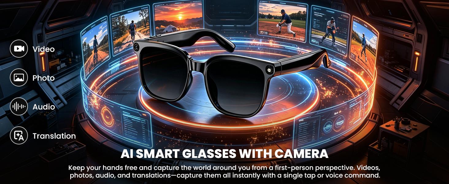 Smart Al Camera Glasses with 8MP Photochromic Lenses ,Button Touch Adjustment for Travel Outdoor Adventures Hands-Free Photography 160+Languages Real-Time Translation Bluetooth Wireless Wearable Video Recording UV Protection