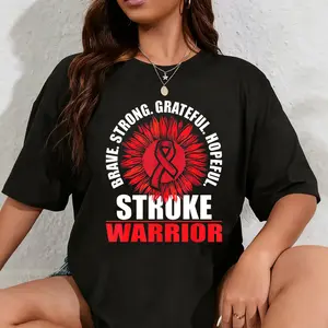 Women's 100% Cotton Short-Sleeve Round Neck Comfortable T-Shirt - Stroke Warrior Survivor Red Awareness Ribbon Garment, Breathable for Casual, Outdoor Wear